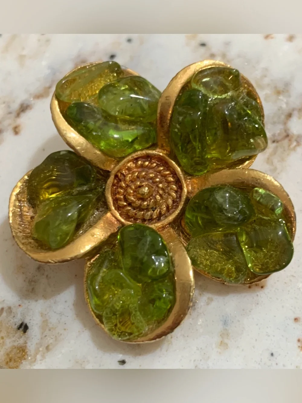 Vintage Gold Tone 5 Petal Flower Brooch Olive Green Art Glass Pin Mid Century